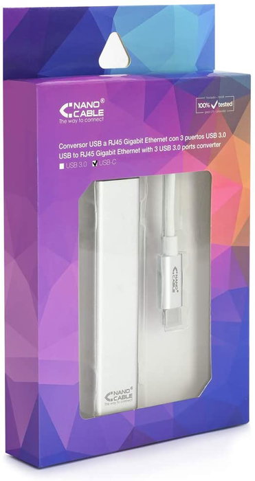 Nanocable Conversor USB-C a Ethernet Gigabit + 3xUSB 3.0, Plata, 15 cm